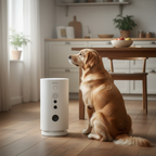 Golden retriever waiting beside the automatic WiFi pet feeder in a kitchen