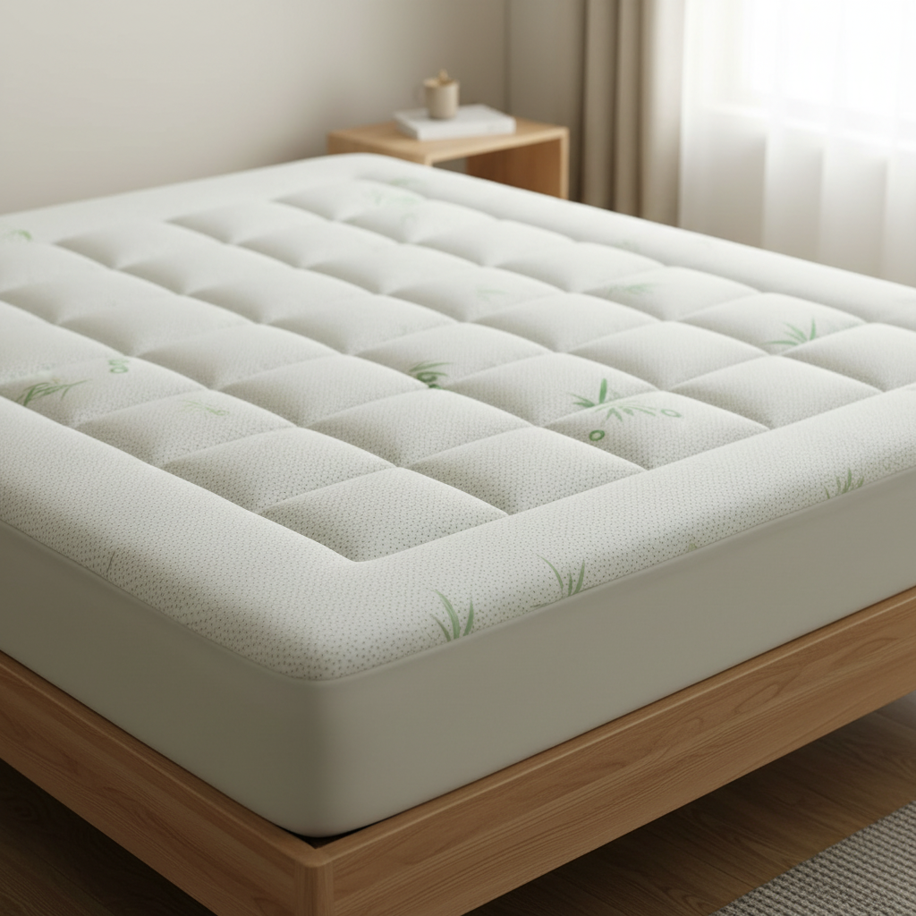 Bamboo fibre cooling mattress pad on a mattress