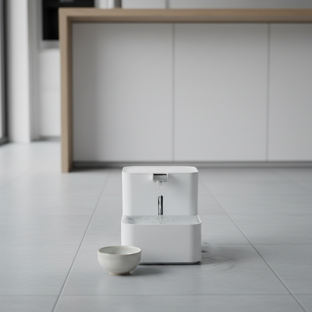 Cat water fountain and automatic feeder in a kitchen