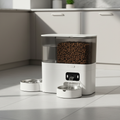 Cat water fountain and automatic feeder in a kitchen