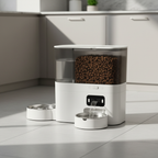 Cat water fountain and automatic feeder in a kitchen