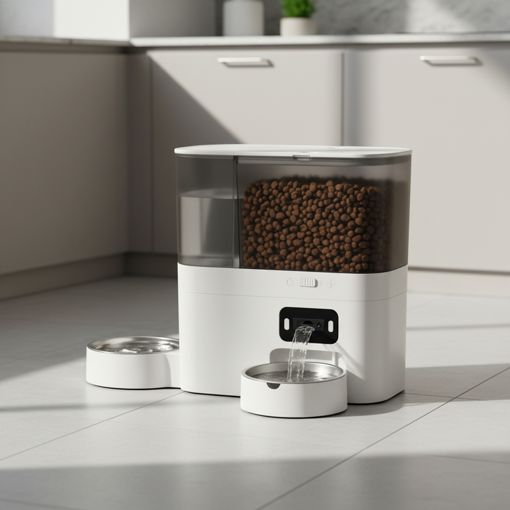 Cat water fountain and automatic feeder in a kitchen