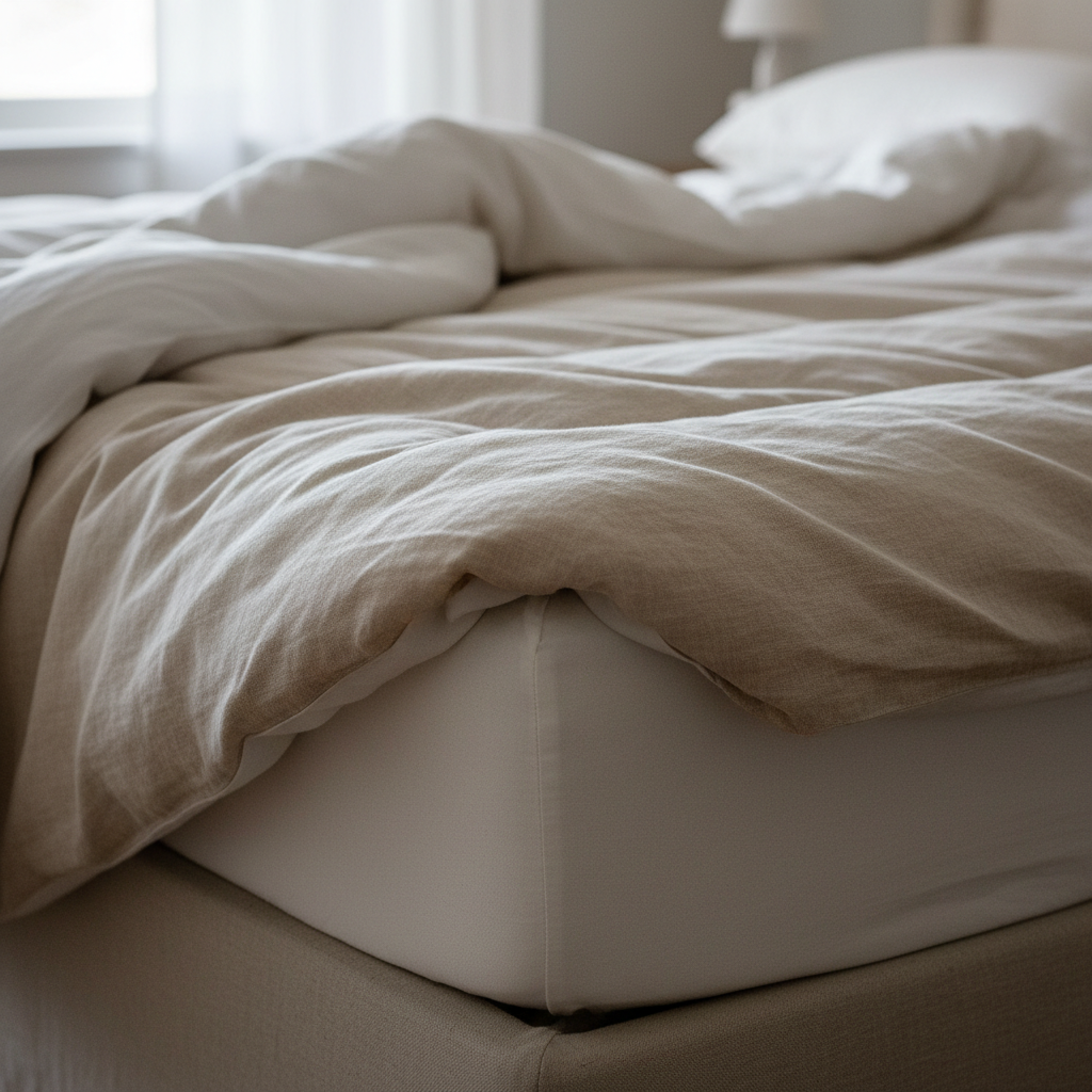 Cotton-lined mattress pad on a bed corner