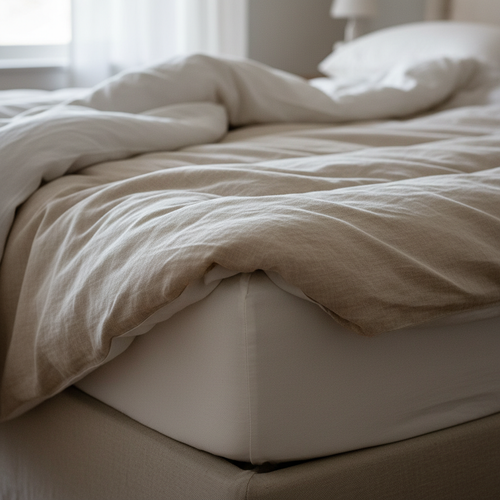 Cotton-lined mattress pad on a bed corner