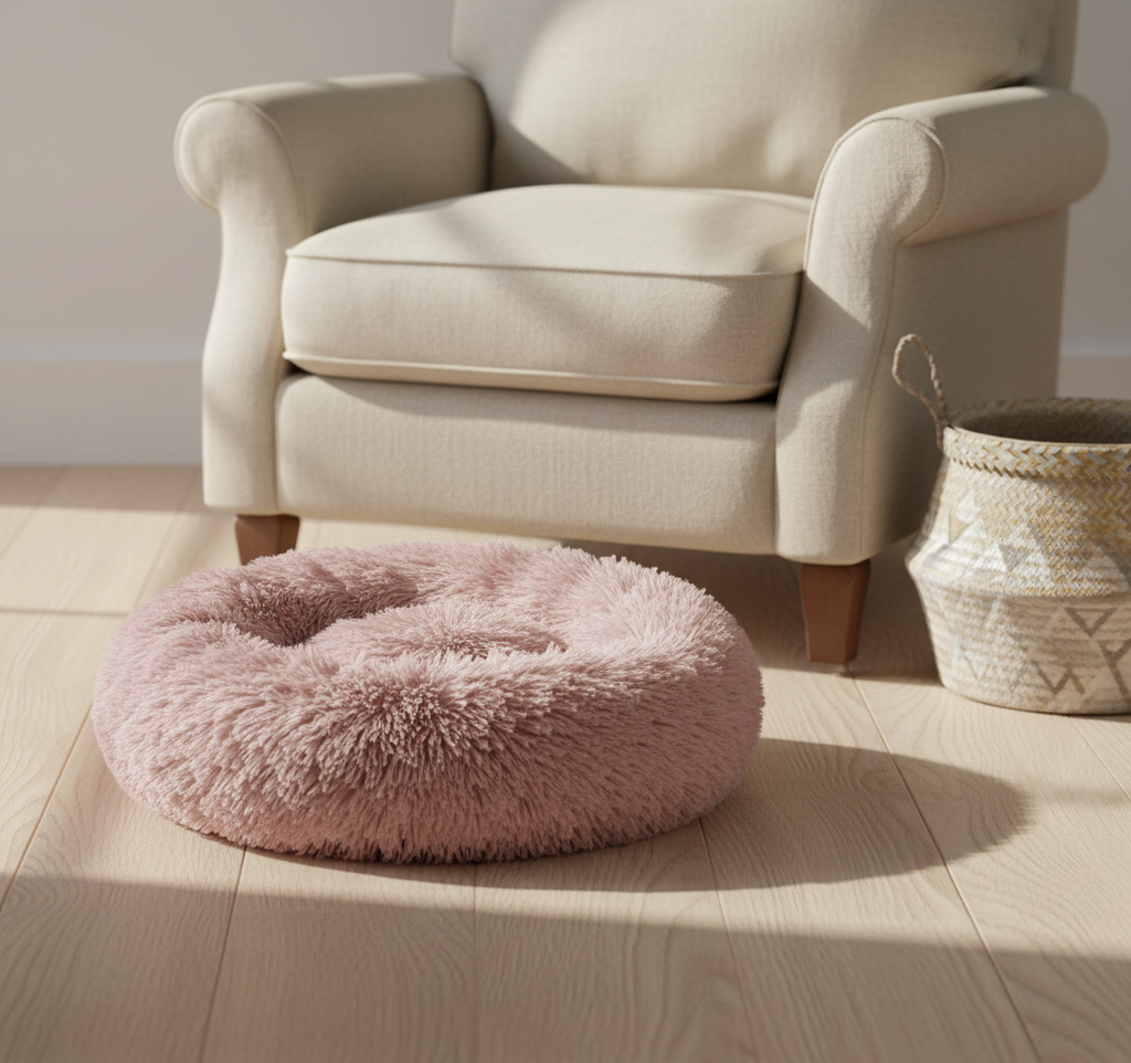 Plush round dog bed with a raised edge on a wooden floor