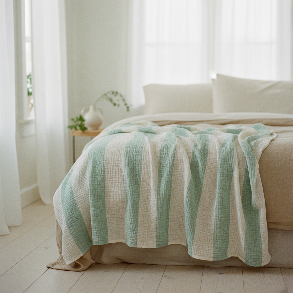 Six-layer cotton gauze blanket draped over a bed