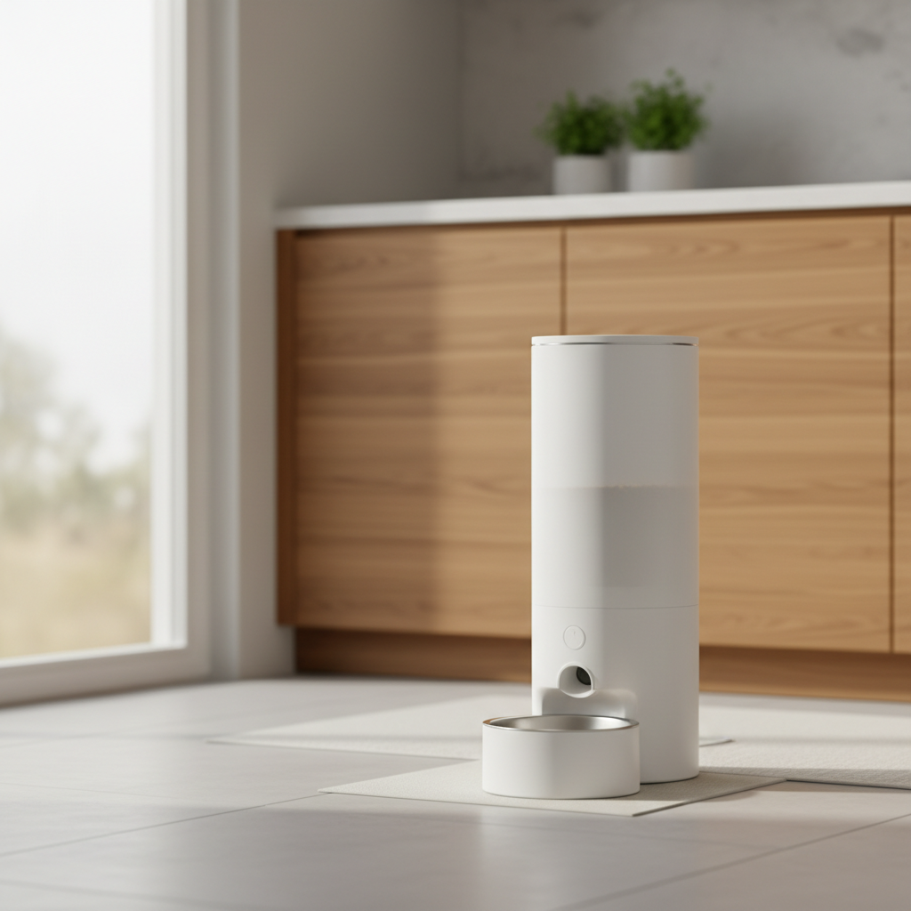 Automatic WiFi pet feeder in a bright kitchen